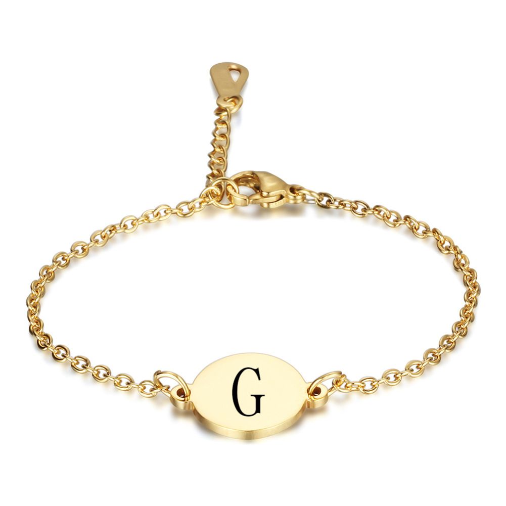Women English Letters Round Charm Titanium Steel Chain Bracelet Bangle Jewelry