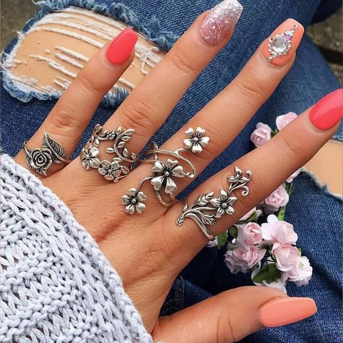 4 Pcs/set  Fashion Vintage Ring Set, Femme Stone Silver Midi Finger Rings