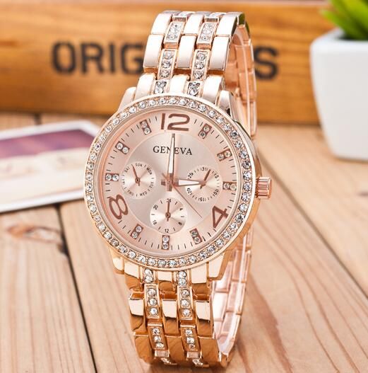 Brand Crystal Geneva Watch Casual Quartz rose gold Watch Women Stainless Steel Dress Watches Relogio Feminino Clock reloj mujer