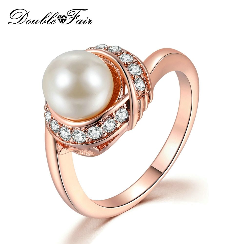 Double Fair Fashion Brand Austrian Crystal Rose Gold Color Simulated Pearl Rings for Women Wedding Vintage New Jewelry DFR670