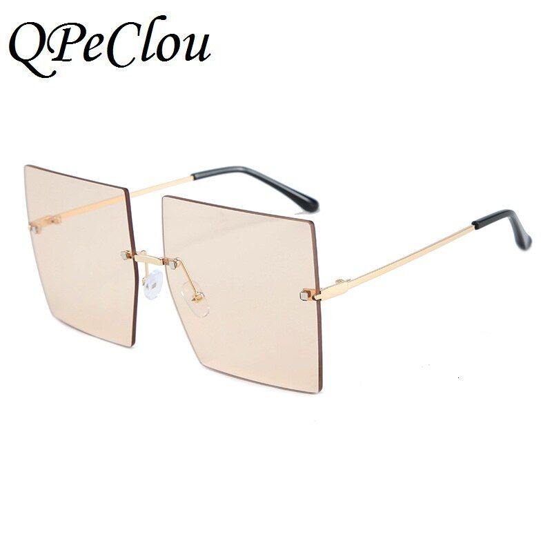 Light Pink1056QPeClou 2020 Rimless Oversized Square Sunglasses Women Fashion Vintage Metal Sun Glasses Men Frameless Brown Oculos De Sol