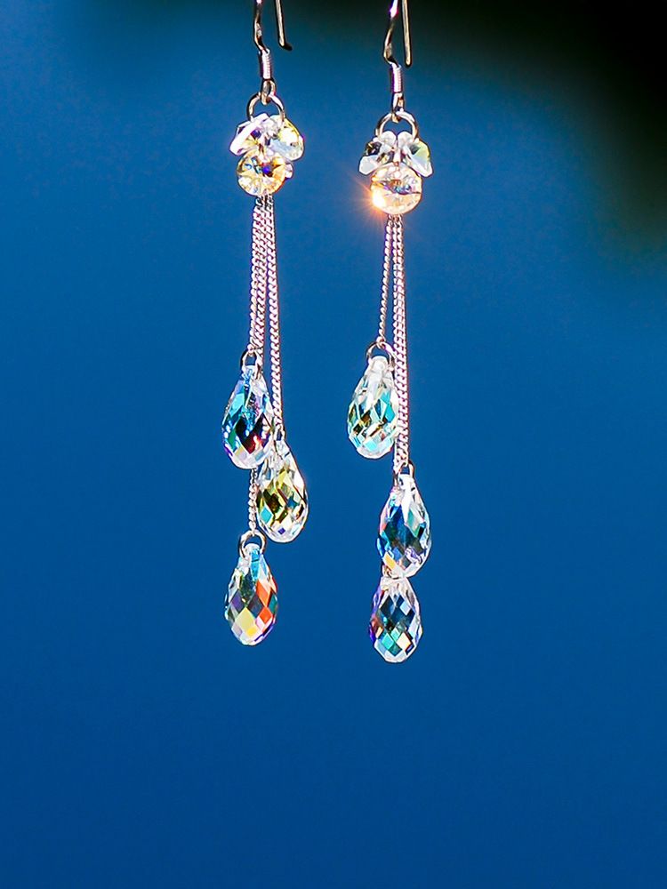 Delysia King Women's Versatile Long Tassel Water Drop Earrings Trendy Crystal Sparkle Temperament Anti Allergy Eardrop