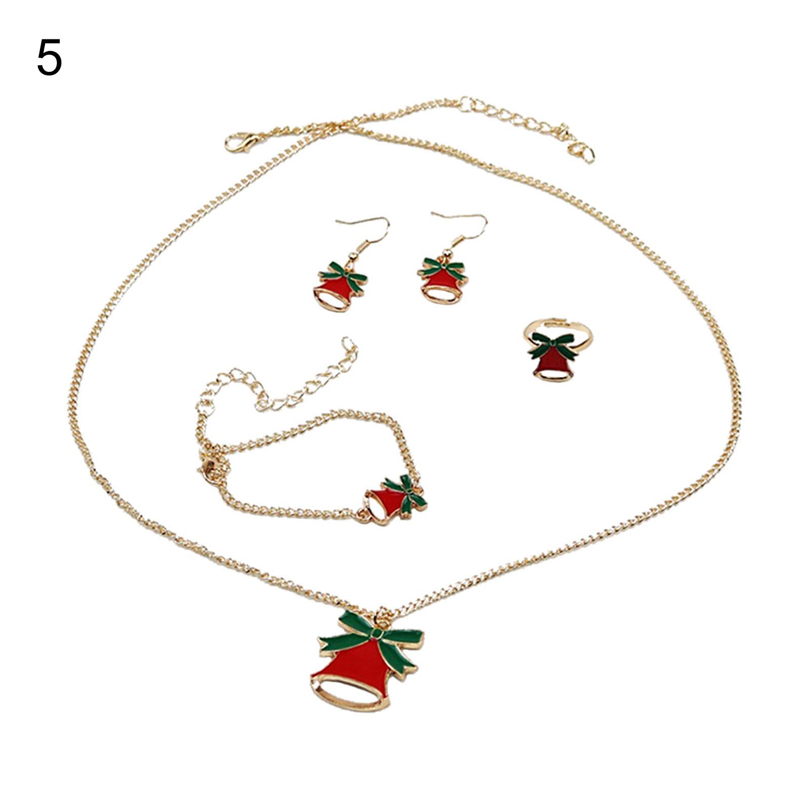 Charm Necklace Earrings Ring Bracelet Extension Chain Red Christmas Hat Moon Pendant Jewelry Set