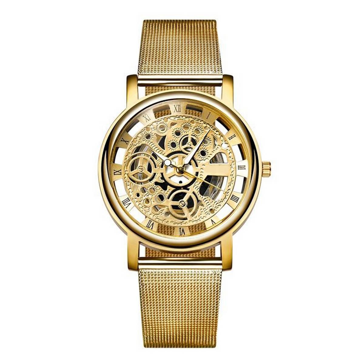 Skeleton Analog Men's Luxury Stainless Steel Mesh Band Quartz Wrist Watch Gift