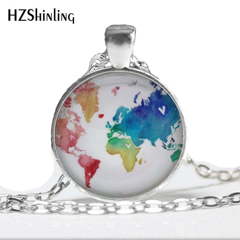 1 Pc World Map Necklace, Rainbow Multicoloured Map Jewelry, Glass Dome Jewelry Rainbow Necklace HZ1