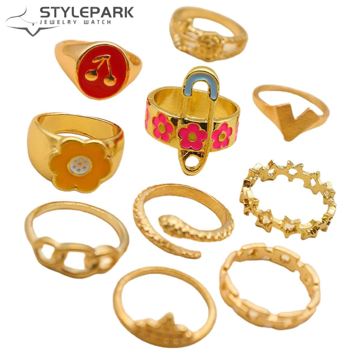 10Pcs Knuckle Rings Snake Stars Flower Cherry Dripping Oil Exquisite Rings Jewelry Accessories