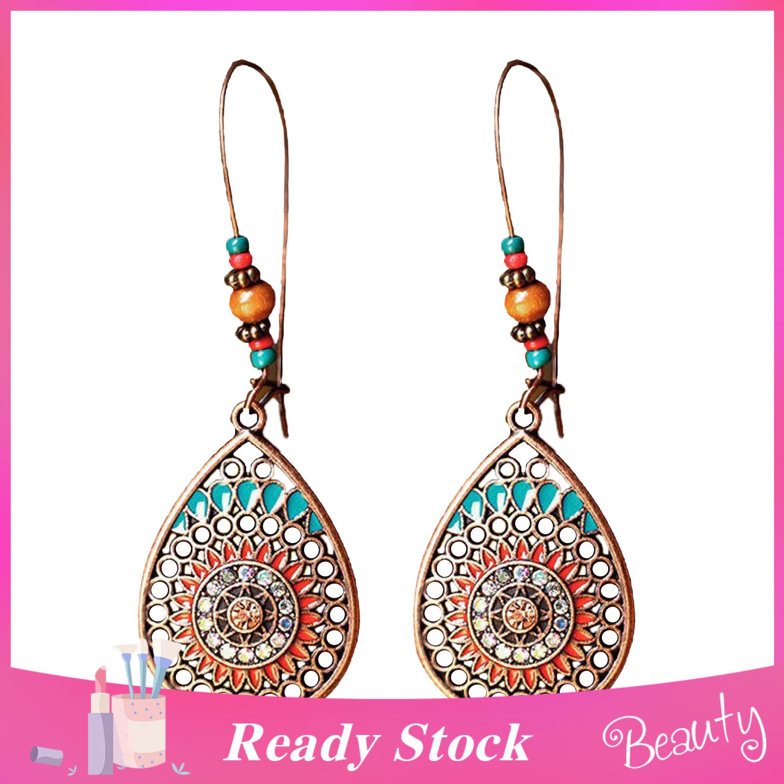 1 Pair Women Earrings Water Drop Shape Vintage Bohemia Style Hollow Out Flower Dangle Earrings for Gift
