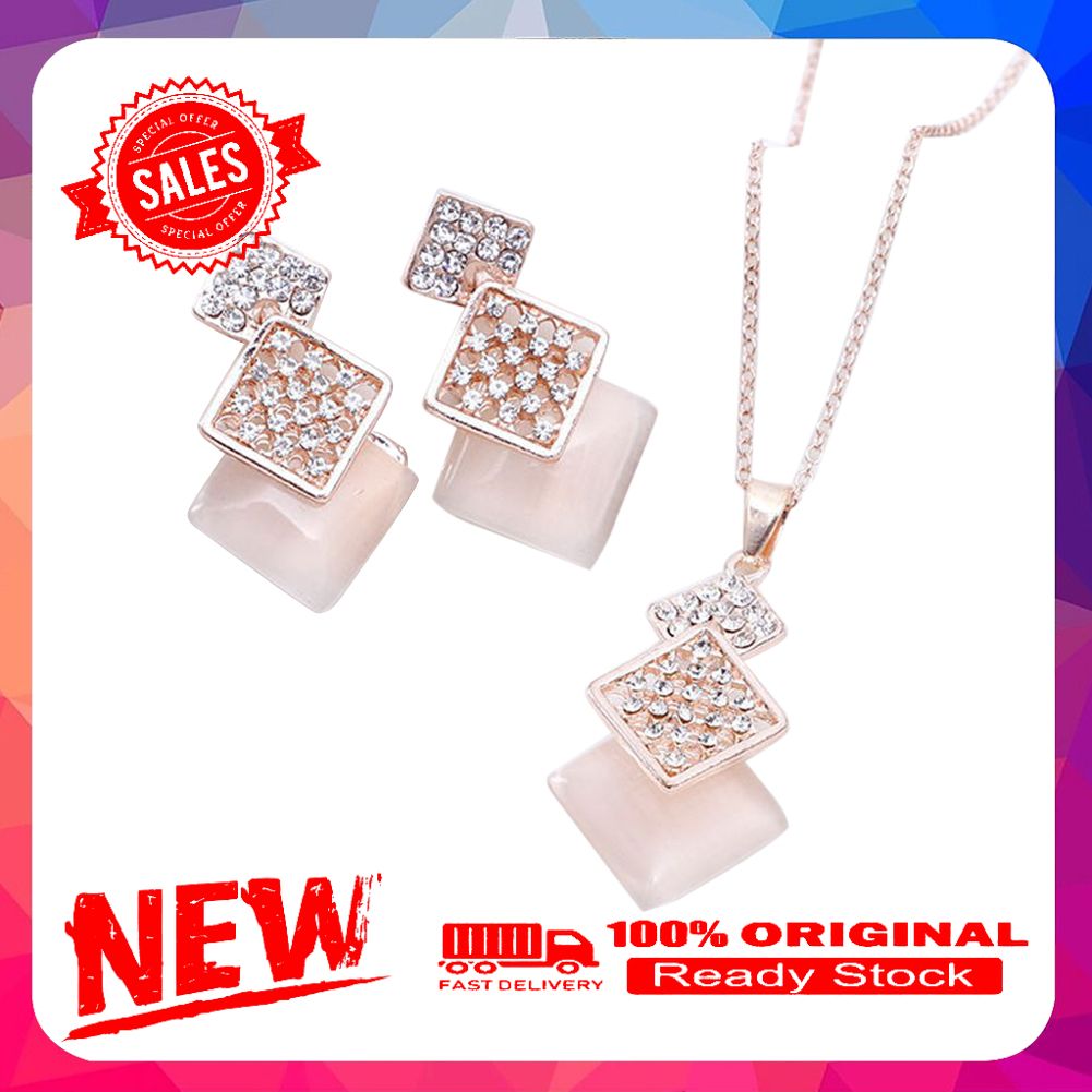Women Rhinestone Opal Squares Shape Pendant Chain Necklace Earrings Jewelry Set