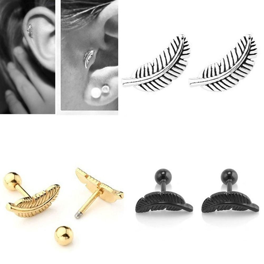 1Pair Retro Punk Mini Leaf Angel Feather Ear Stud Cartilage Helix Bar Earring Piercing Jewelry Gift