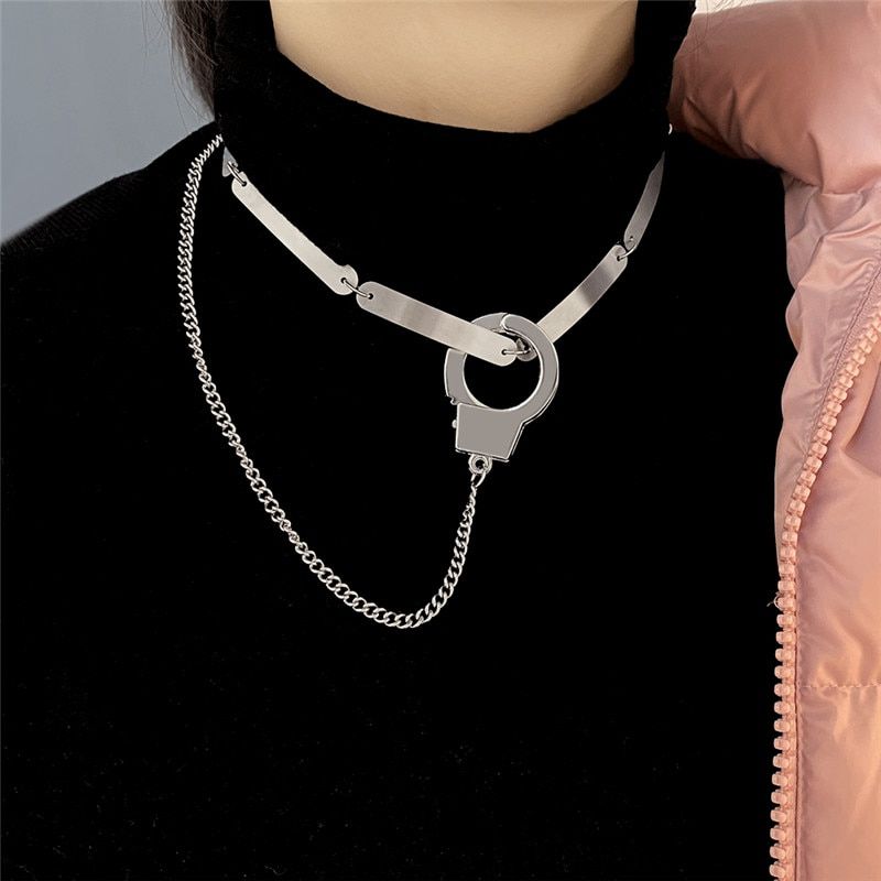 Punk Heart Pentagram Necklace for Women Double Lock HIP HOP Choker Necklace Harajuku Chain Silver Color Collares