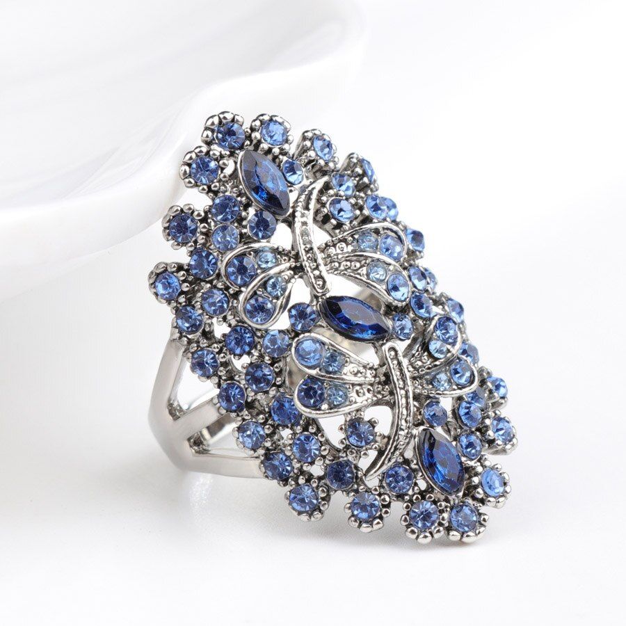 Kinel Vintage Blue Rhinestone Dragonfly Rings Women Antique Silver Color Hollow Crystal Big Ring Wedding Party Animal Jewelry