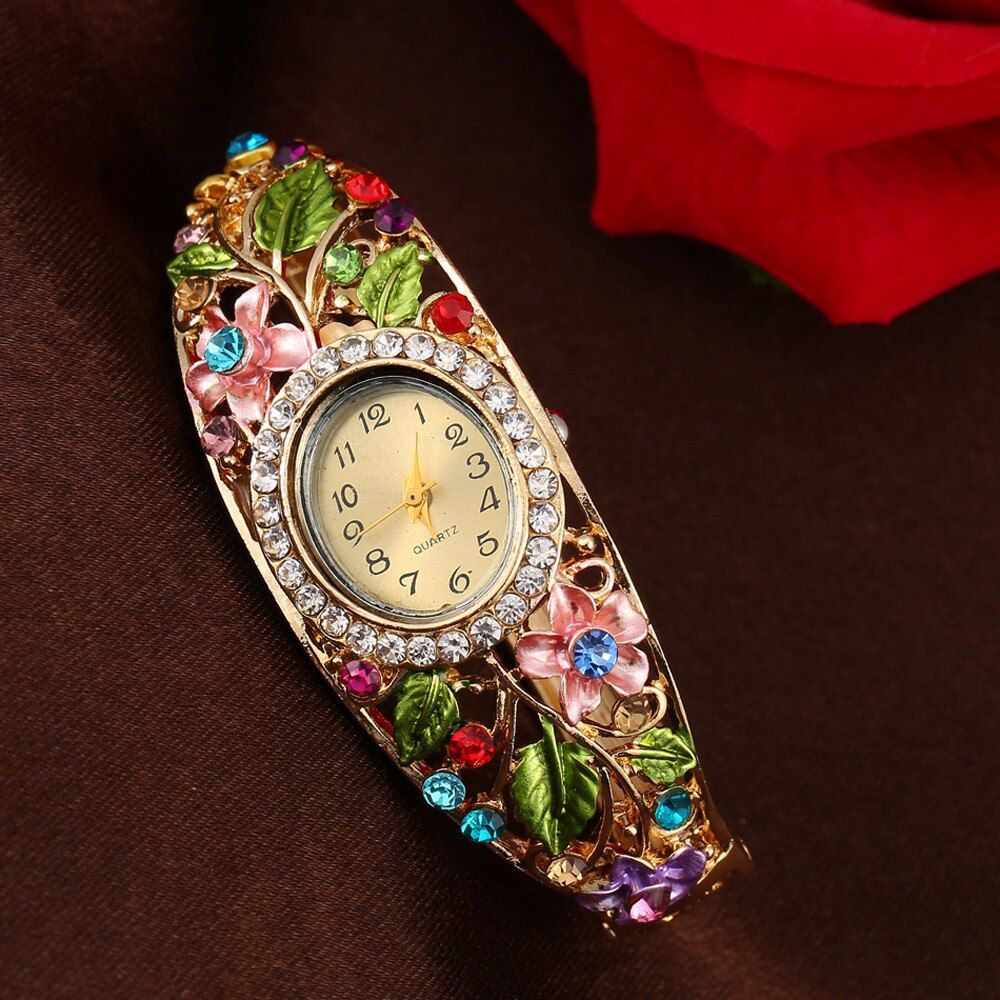 Women Watch Luxury Ladies watches Oval Shell Flower Full Diamond Bracelet Watch Analog Quartz Wrist Watch clock saati @F