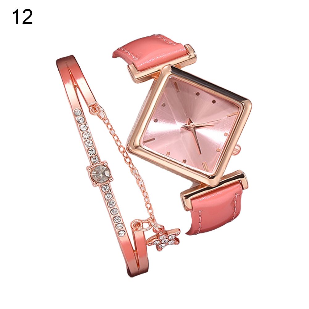 XR4436 Women Faux Leather Band Square Dial Quartz Watch Star Shape Bracelet Set