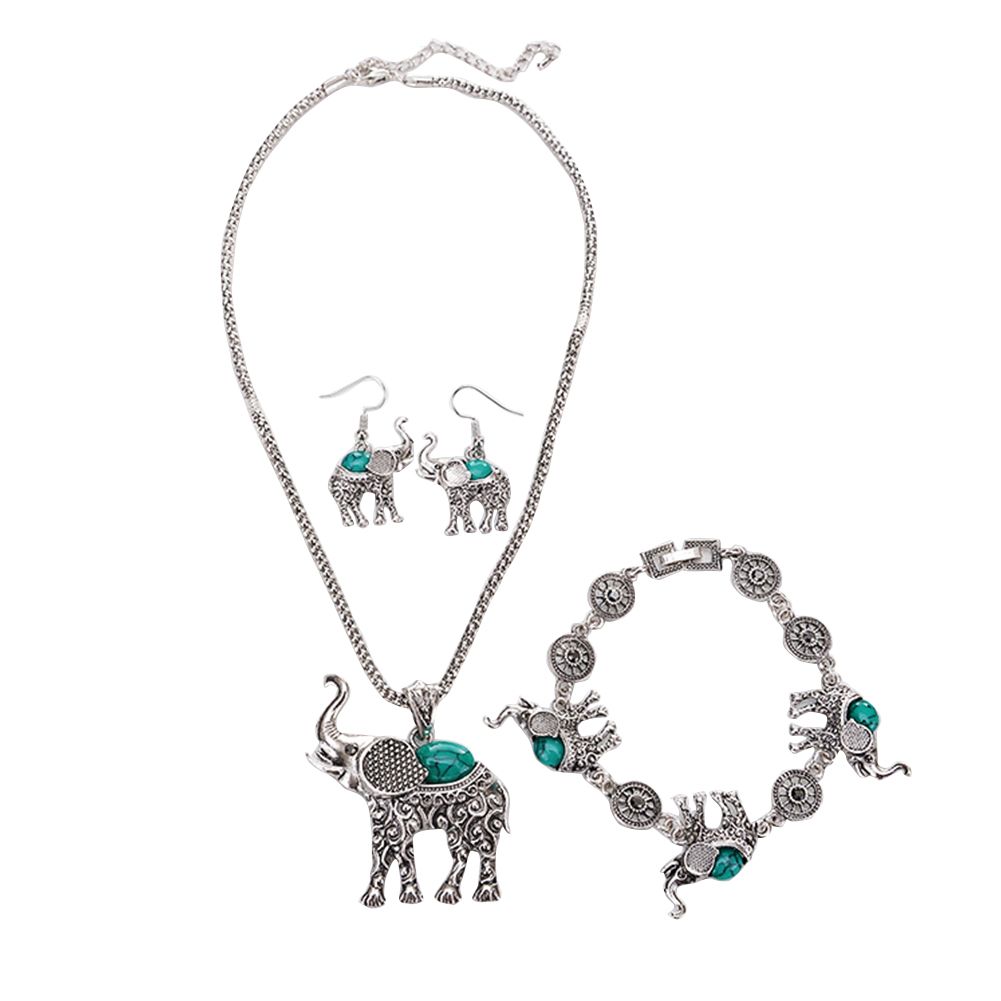 Yfashion 3Pcs/Set urquoise Elephant Designed Bohemian Style Earrings Necklace Bracelet Set