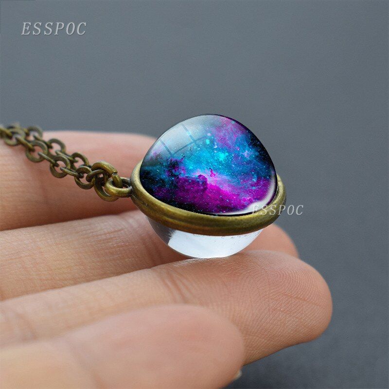 Doble-sided Pendant Full Moon Necklace Nebula Pendant Solar System Glass Cabochon Galaxy Space Astronomy Planet Pendant Necklace
