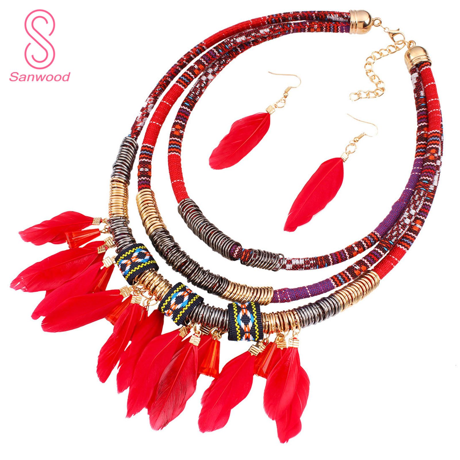 Ethnic Jewelry Set Bohemian Feather Tassel Necklace Dangle Earrings