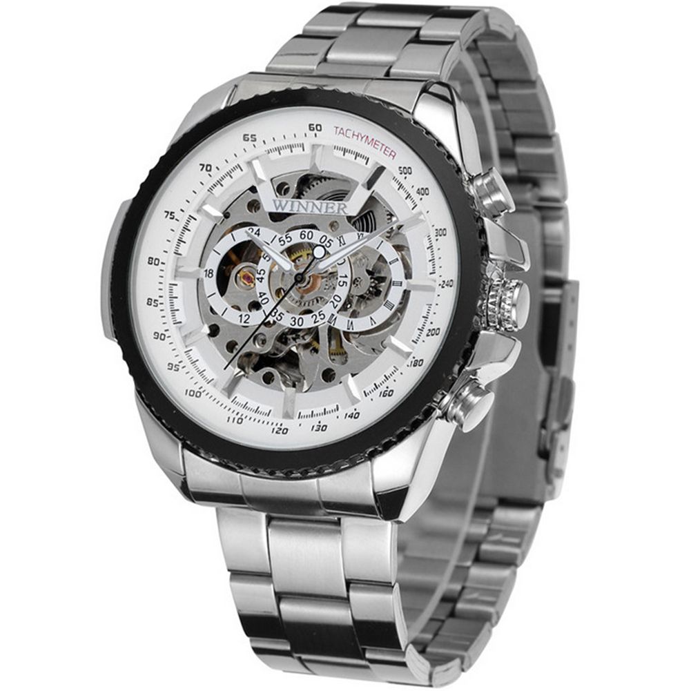 Winner Male Auto Mechanical Watch Skeleton Multi-Dial Stainless Steel Band Wristwatch