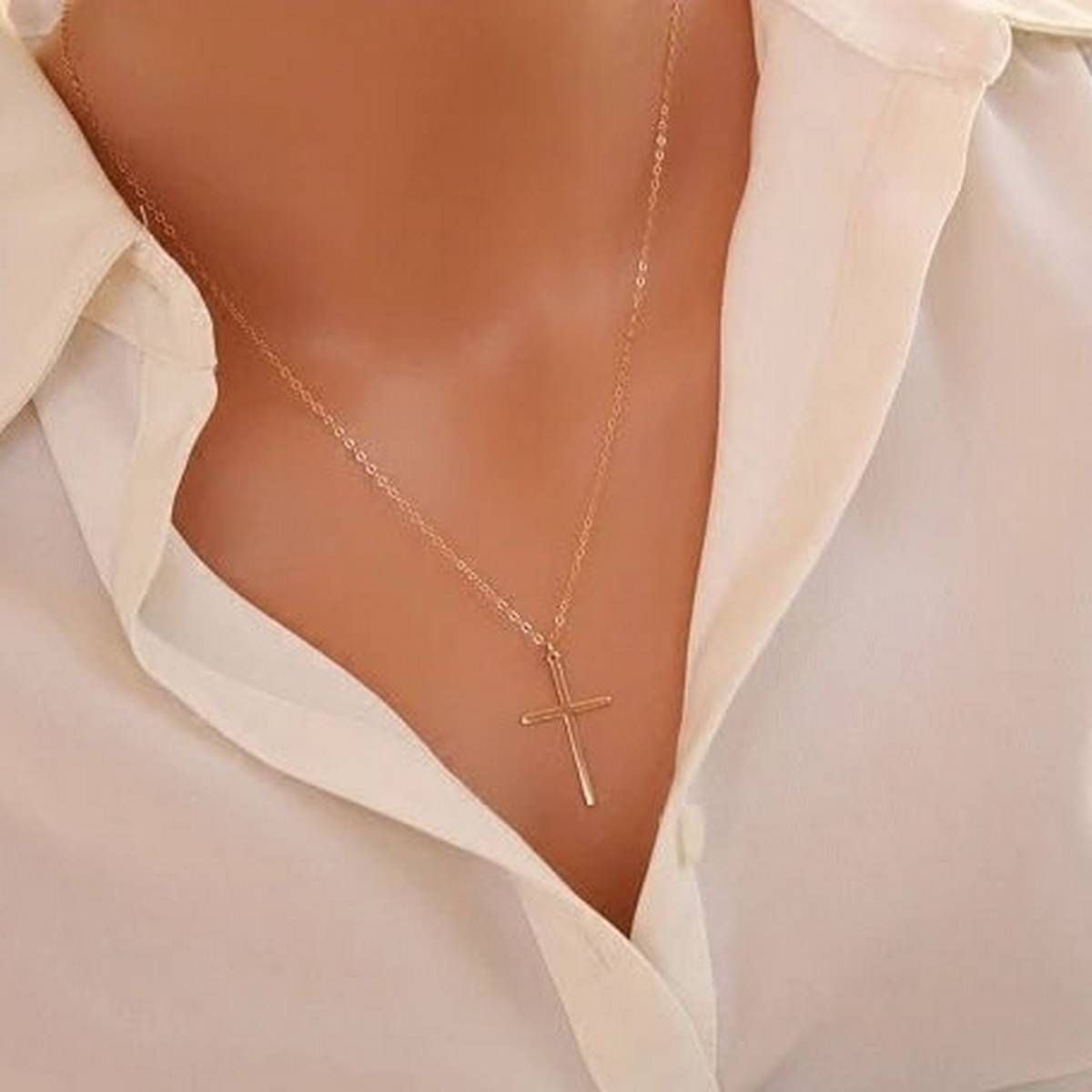 HebeDeer Necklaces Jewelry Lady Simple Trendy Cross Long Girl Silver Color Vintage Necklace Chain Women Fashion Collares