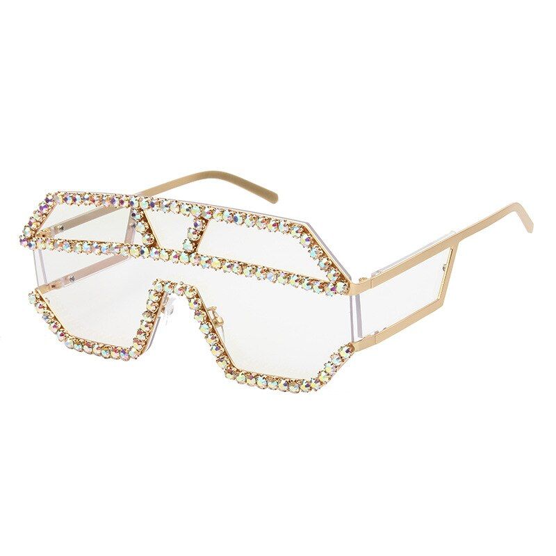 clear47165 Oversized One Lens Rhinestone Sunglasses Men Women Colorful Crystal Geometric Patterns Sun Glasses UV400