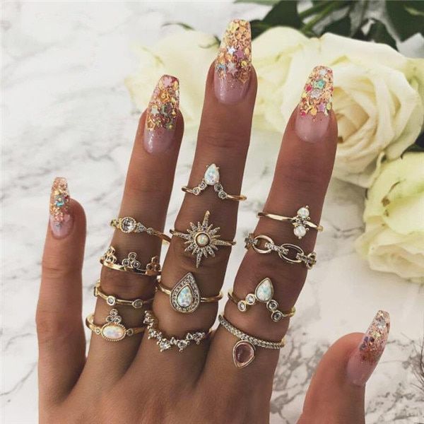 WUKALO 2020 New Vintage Fashion Boho Beach Knuckle Joint Rings Set For Women Gold Color Finger Rings Bohemian Jewelry