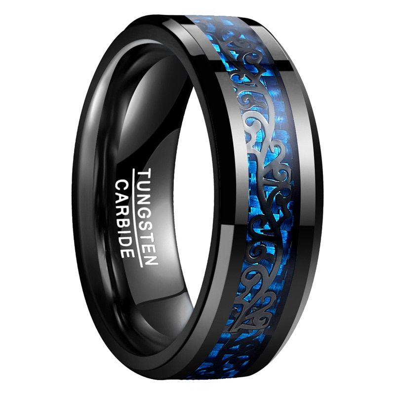 BONLAVIE Wedding Bands Men Ring Black Vine Blue Carbon Fiber  Tungsten Steel Rings Male Jewelry Anillos Accessories