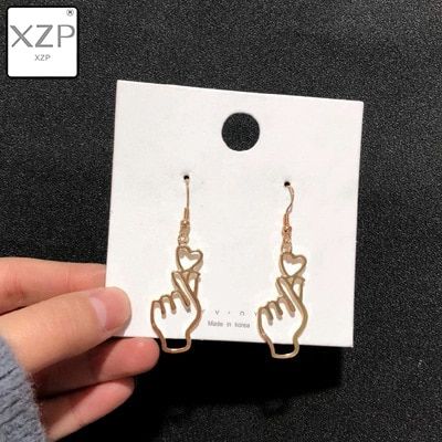 XZP Simple Korean Women Unique Personality Metal Hollow Out Hand Love Heart Gesture Drop Earrings Metal Ear Jewelry