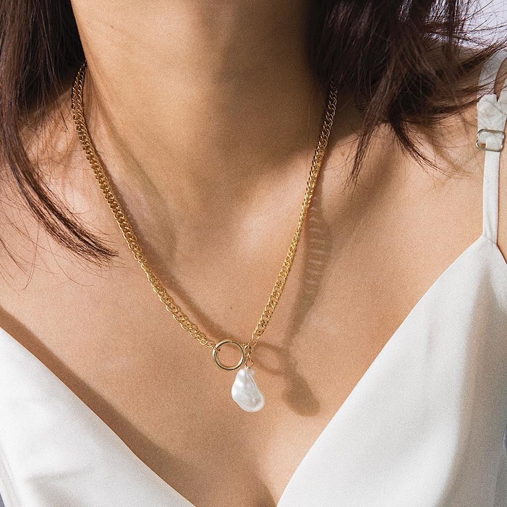 Simple Chain Geometric Circle Choker Imitation Baroque Pearl Collar Necklaces for Womens Pearl Drop Charm Pendant Necklaces Boho(null)