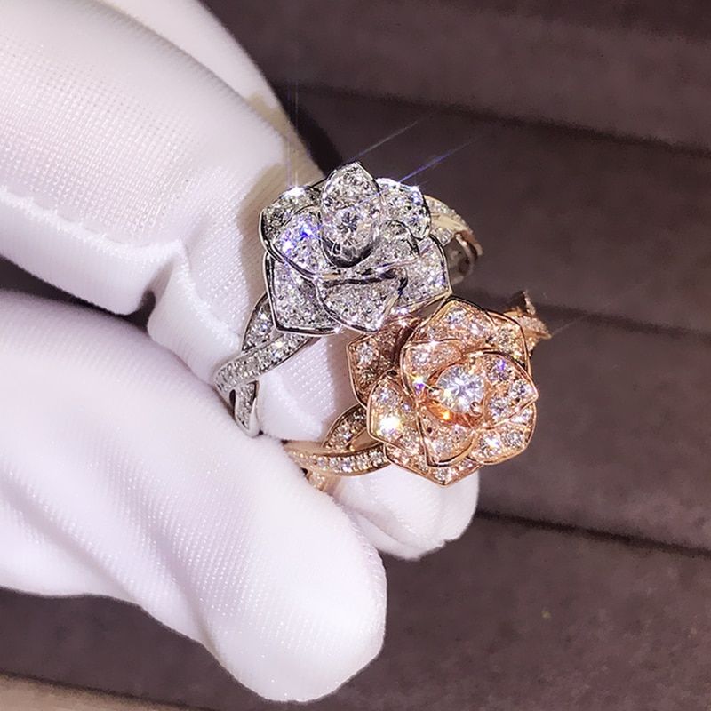 Bling CZ Zircon Stone Flower Rose Gold Silver Color Rings for Women Fashion Jewelry 2019 New Wedding Engagement Ring