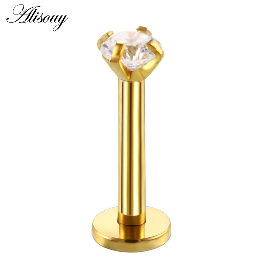 Alisouy 1pcs 16G 6/8mm Round Clear Stone Nose Piercing Labret Ear Helix Lip Piercing Flat Ring Tragus Piercing