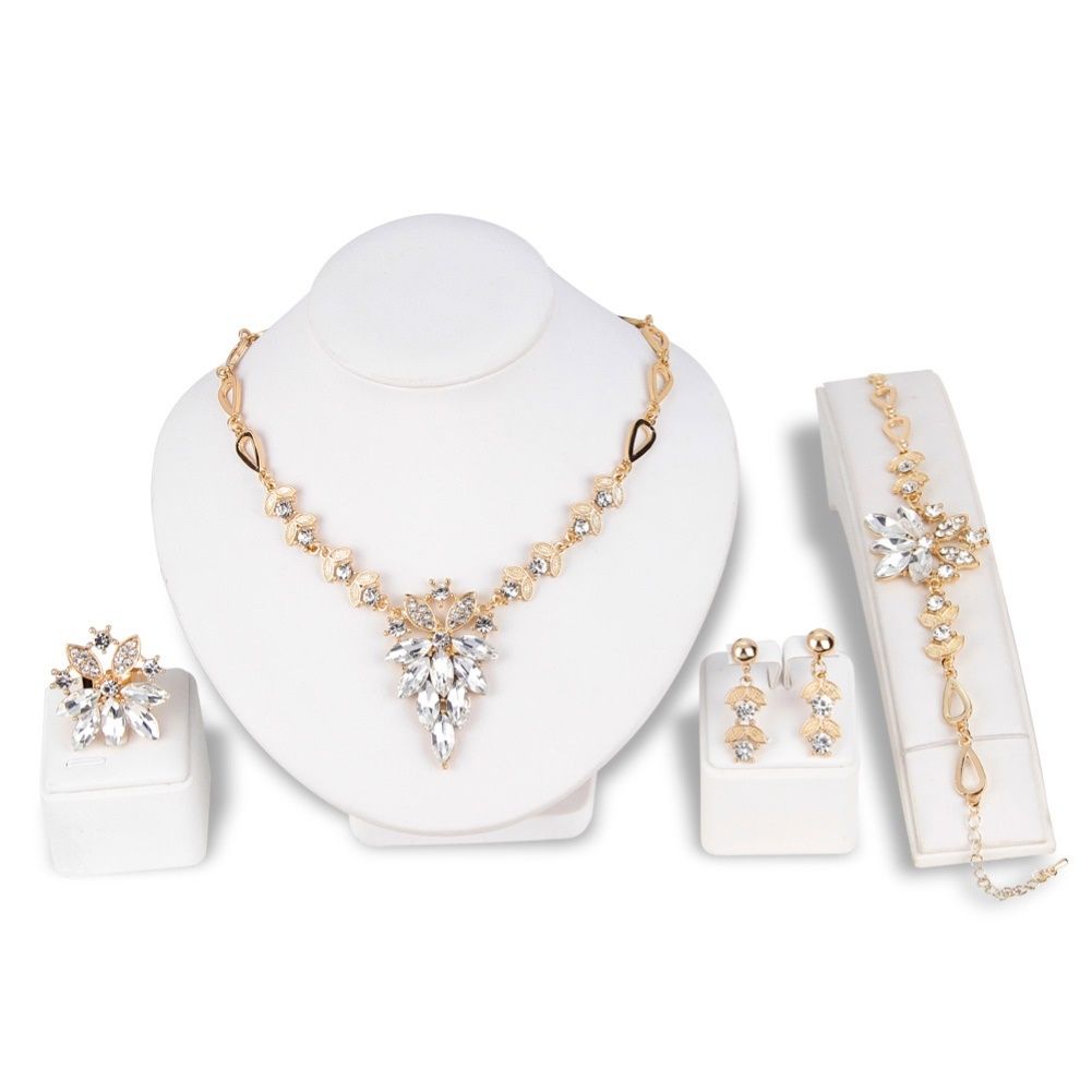 Women Rhinestone Grape Pendant Necklace Stud Earrings Ring Bracelet Jewelry Set