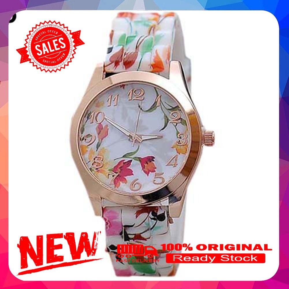 Women Flower Print Silicon Band Arabic Numerals Dial Quartz Wrist Watch