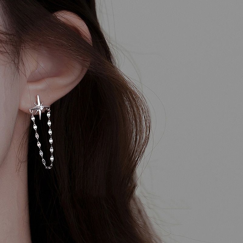 Simple Star Stud Earring Shine Double layer Chain Tassel Earrings For Women Geometric Piercing Ear Jewelry Party Girl Gift