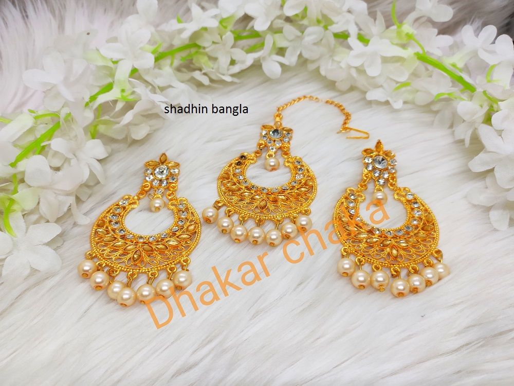 New Devsena Bahubali Pearl Zircon Kundan Jhumka Earring & Tikle For Women.
