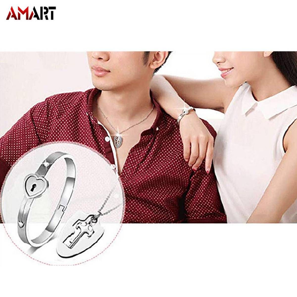 Couple Bracelet Necklace Set Stainless Steel Love Heart Lock Jewelry Set