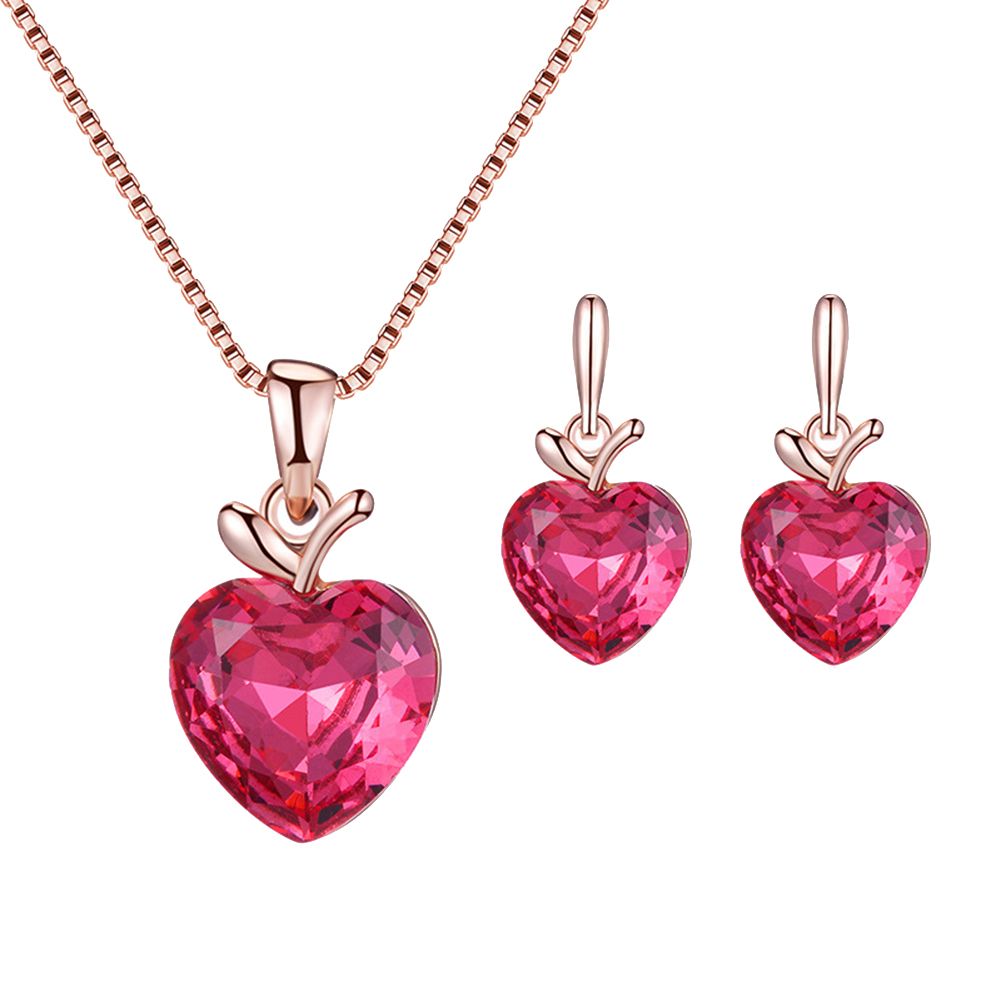 Heart Shape Rhinestone Pendant Necklace Ear Stud Earrings Women Jewelry Set