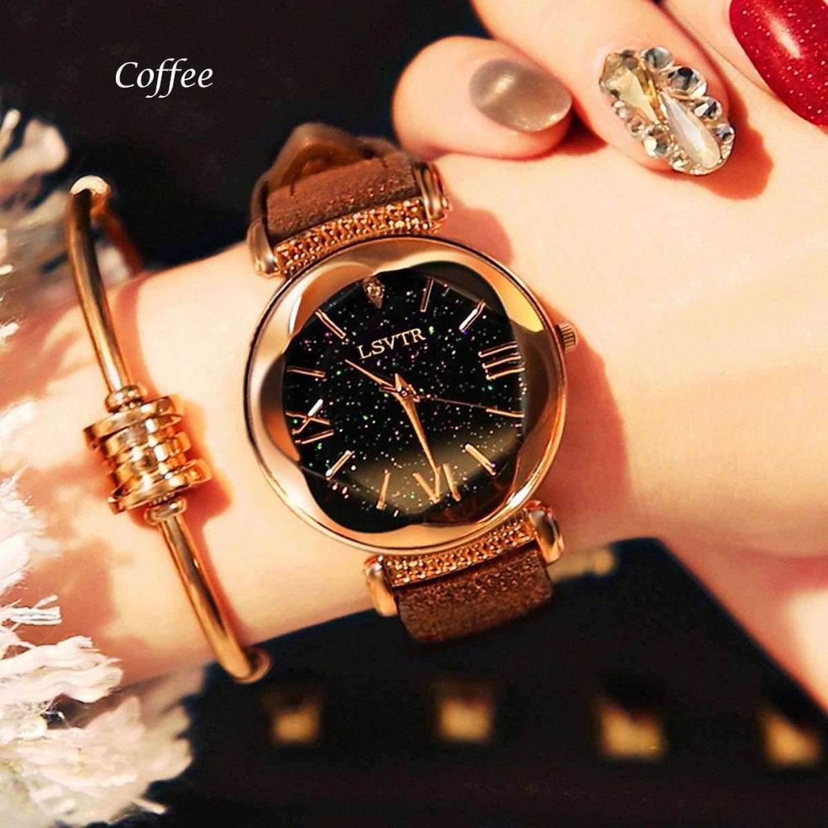 2Pcs/Set Quartz Wristwatches Starry Sky Diamond Bracelet Leather Band Watch