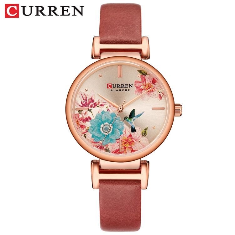 CURREN Leather Women Watch Summer New Quartz Ladies Wristwatches Female Clock Fashion Flower Dial Mujer