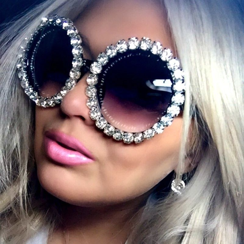 whiteLuxury Oversize Sunglasses Women vintage Rhinestones sunglasses round glasses men shades for women oculos feminino