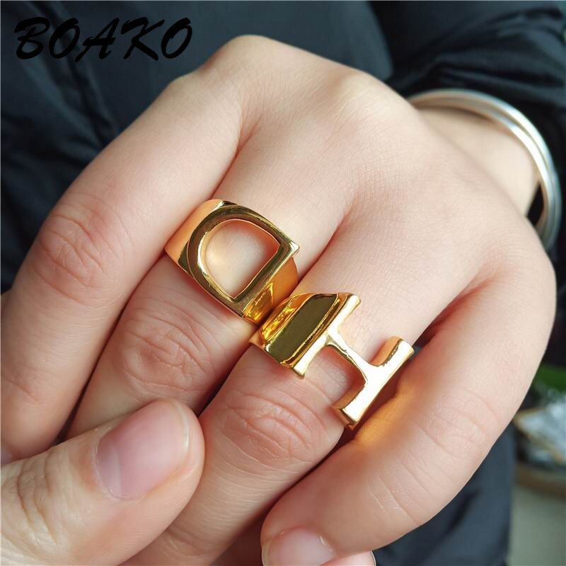 BOAKO Gold Color Initial Ring Wide Alphabet Rings  A-Z 26 Letter Name Rings for Women Men Charm Jewelry Adjustable Bands