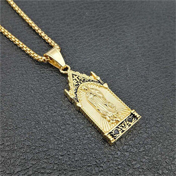 Hip Hop Iced Out Virgin Mary Necklaces Pendants Gold Color Stainless Steel Chain For Women Christian Jewelry Madonna XL1296