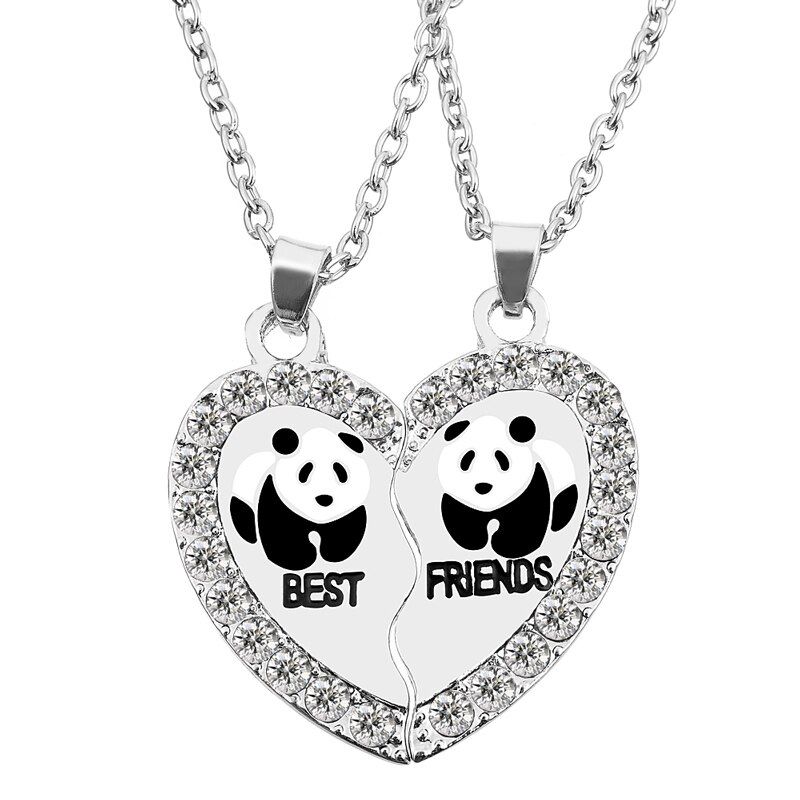 2PCs/Set Fashion Split Half Heart Rhinestone Pendant Long Necklace Fashion Jewelry For Women Girl Friends