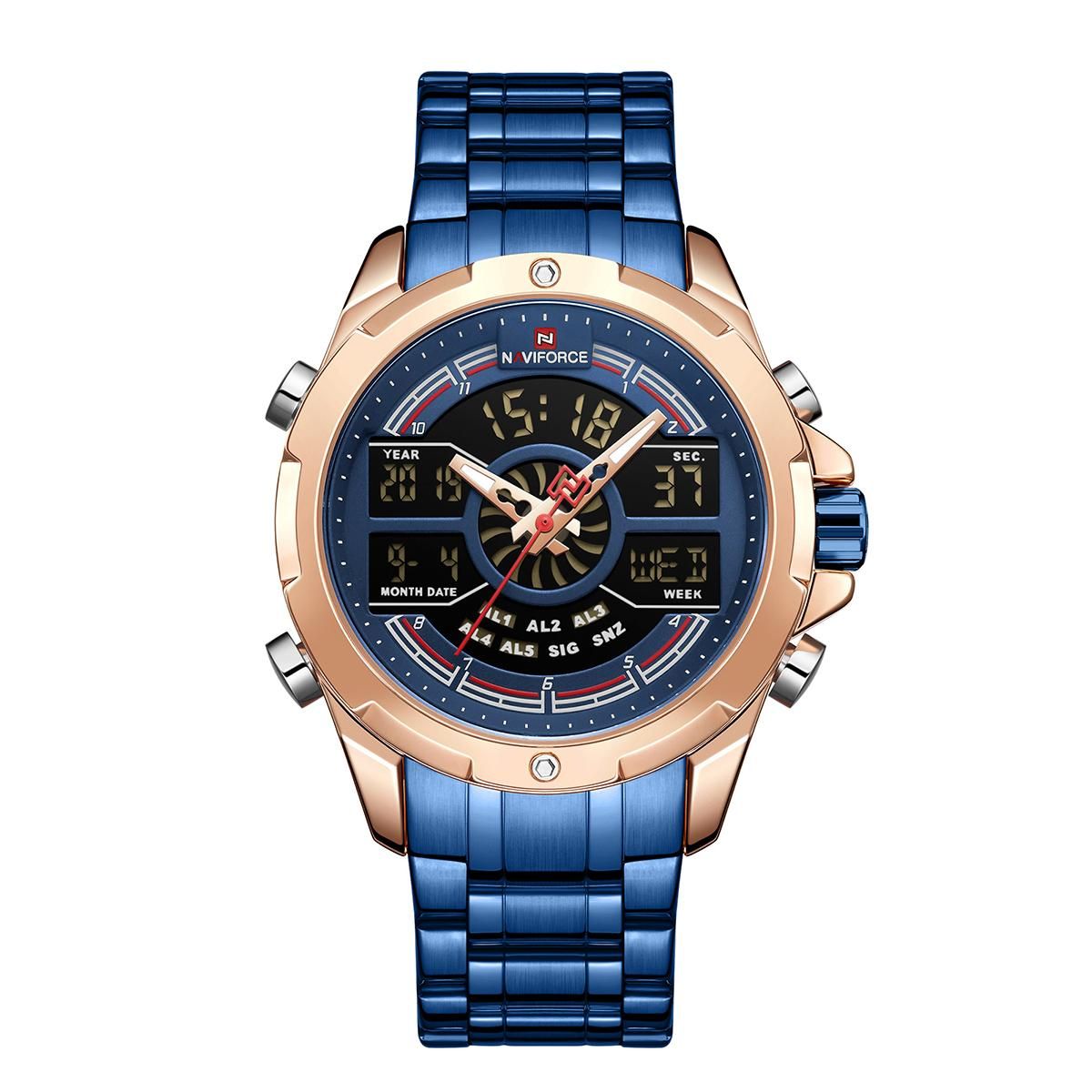 NAVIFORCE NF9170 Royal Blue Stainless Steel Dual Time Wrist Watch For Men - RoseGold and Royal Blue