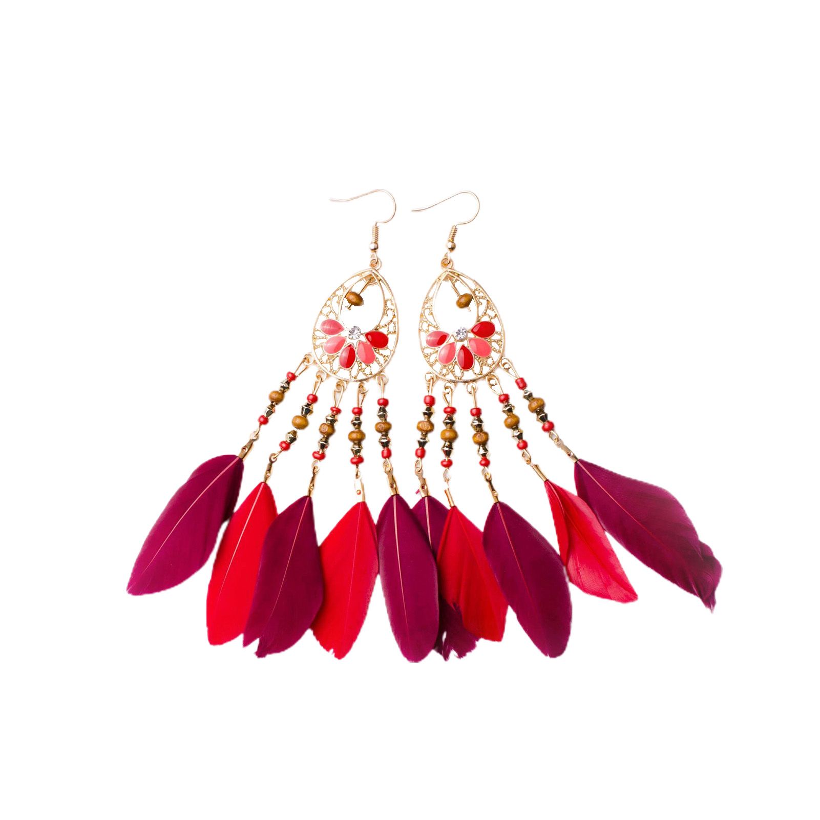 Women Earrings Hollow Out Long Feather Tassel Drop Earrings