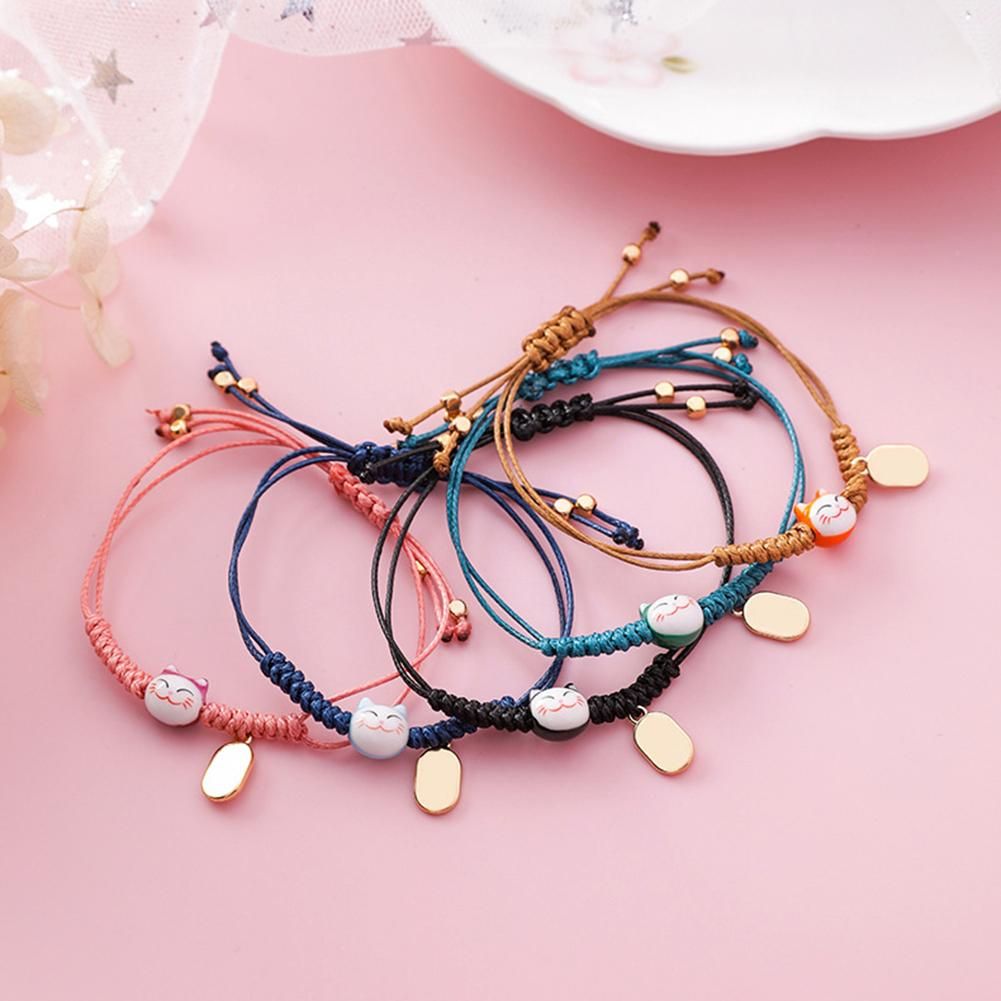 Simple Cute Ceramic Lucky Cat Bracelet Hand-woven Red Colors Rope Bangle Women Girls Jewelry Gift