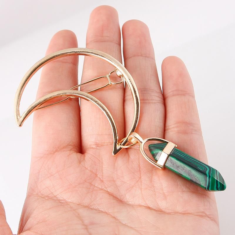 Women Retro Moon Crescent Hair Clip Natural Crystal Stone Pendant Hairpin Beautiful Jewelry Gift