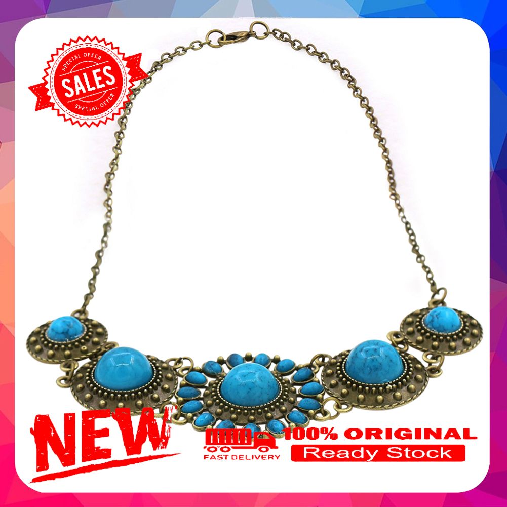 Women's Vintage Bohemian Round Blue Turquoise Stone Inlaid Pendant Necklace