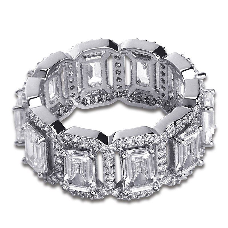 Hip Hop Popular Baguette Tready Bling Iced Out Copper Zircon Ring For Men Women Jewelry