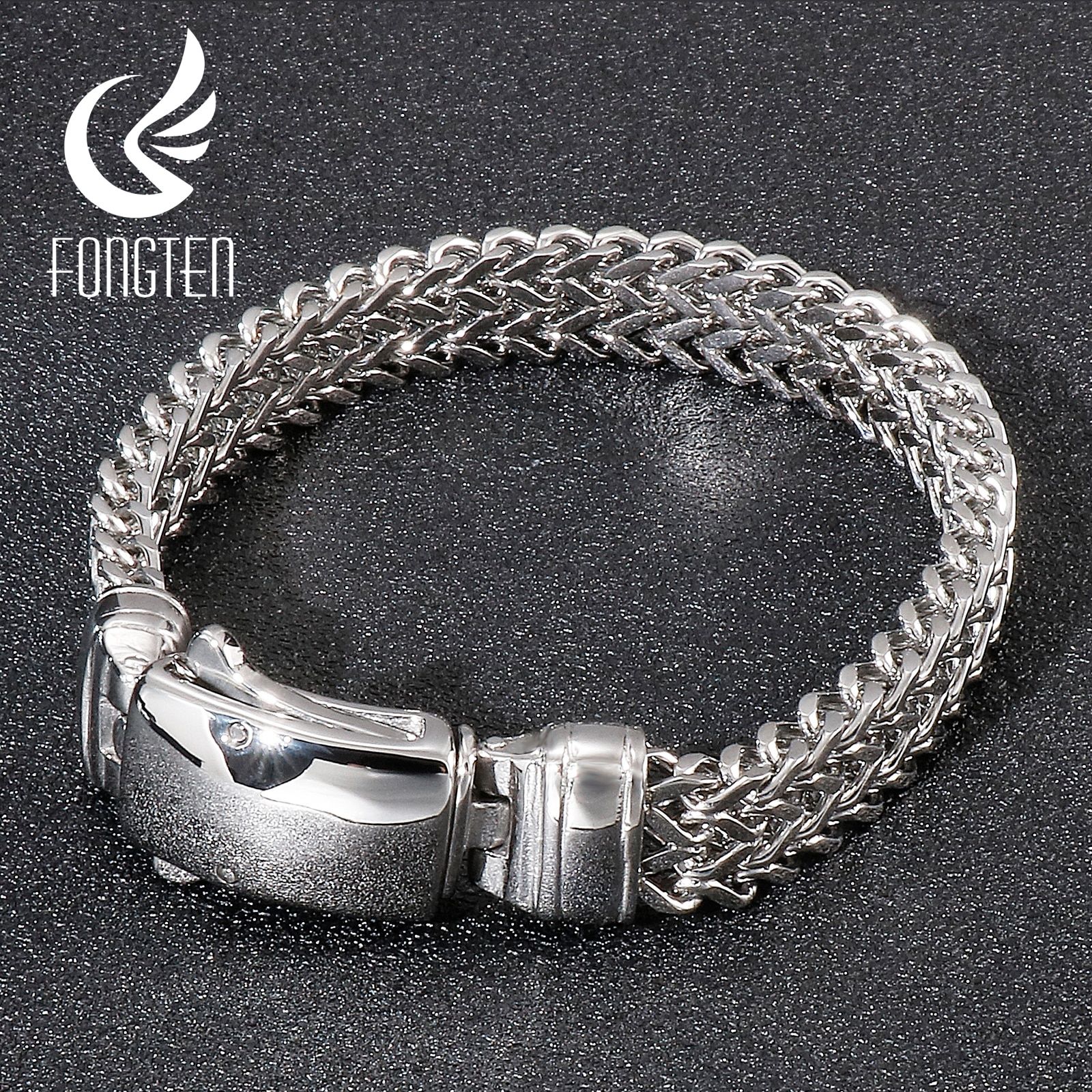 Fongten Punk Wristband Mesh Link Chain Men Bracelet Stainless Steel Box-with-Tongue Clasp Bangle Classic Jewelry