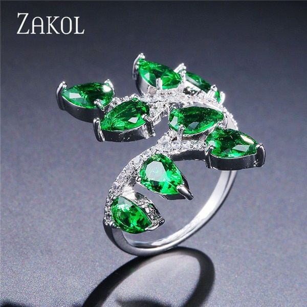 ZAKOL Classic Open Rings With Crystal Zirconia  Leaf Shape Women Wedding Jewelry Wholesale FSRP2024