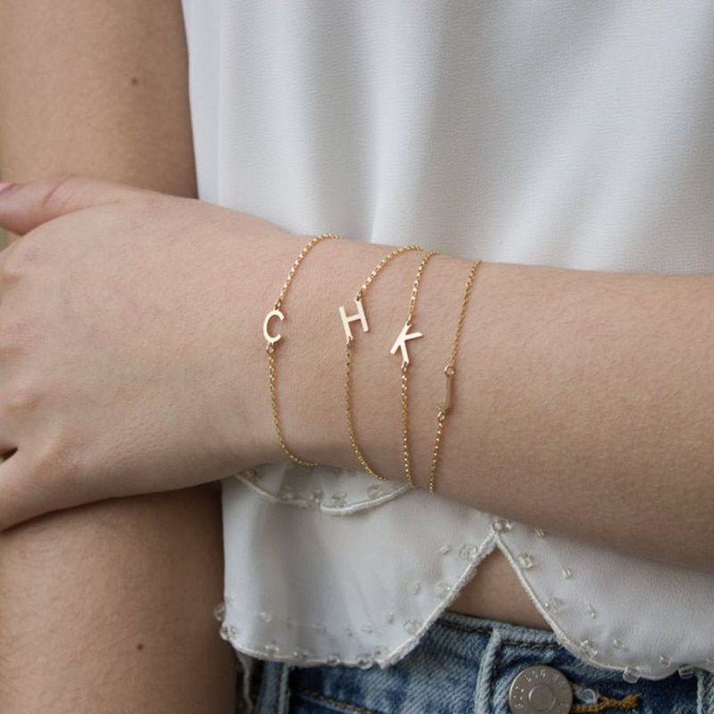 Stainless Steel Sideways Initial Bracelets A-Z Letter Bracelets Bangles 26 Alphabet Letter Dainty Bracelets Love Gift 1pcs